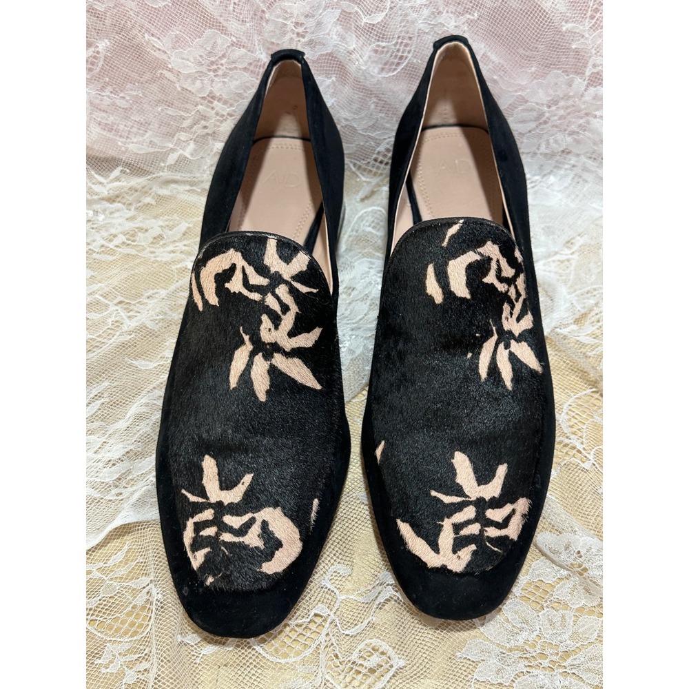 A.D. & Daughters Black‎ Suede Calf Hair Floral Block Heel Loafers Size 9.5